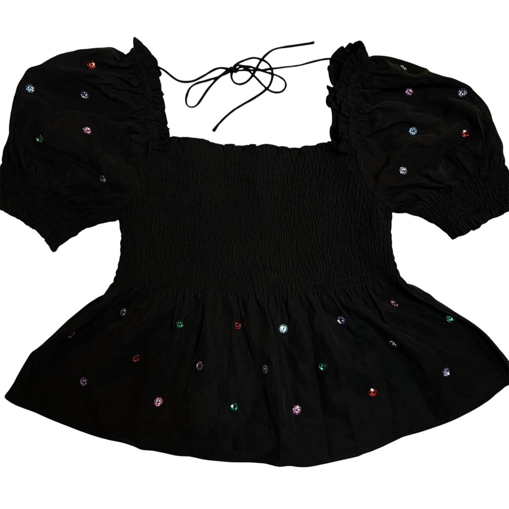 Hill House Beaded Babydoll Top Smocked Puff Sleeve Blouse Women's Small Stretch - Picture 4 of 8